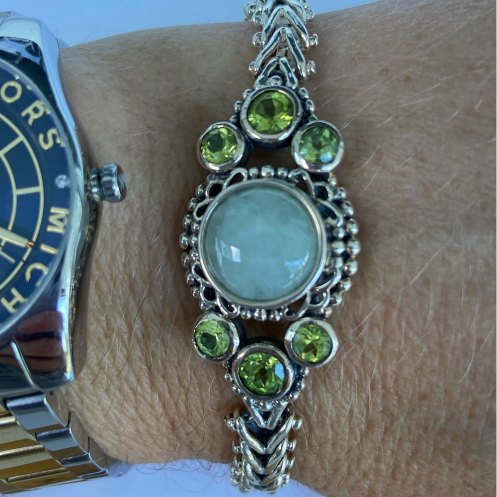 Jade, peridot, CZ, 925 Sterling fishbone toggle bracelet, 8”, EUC